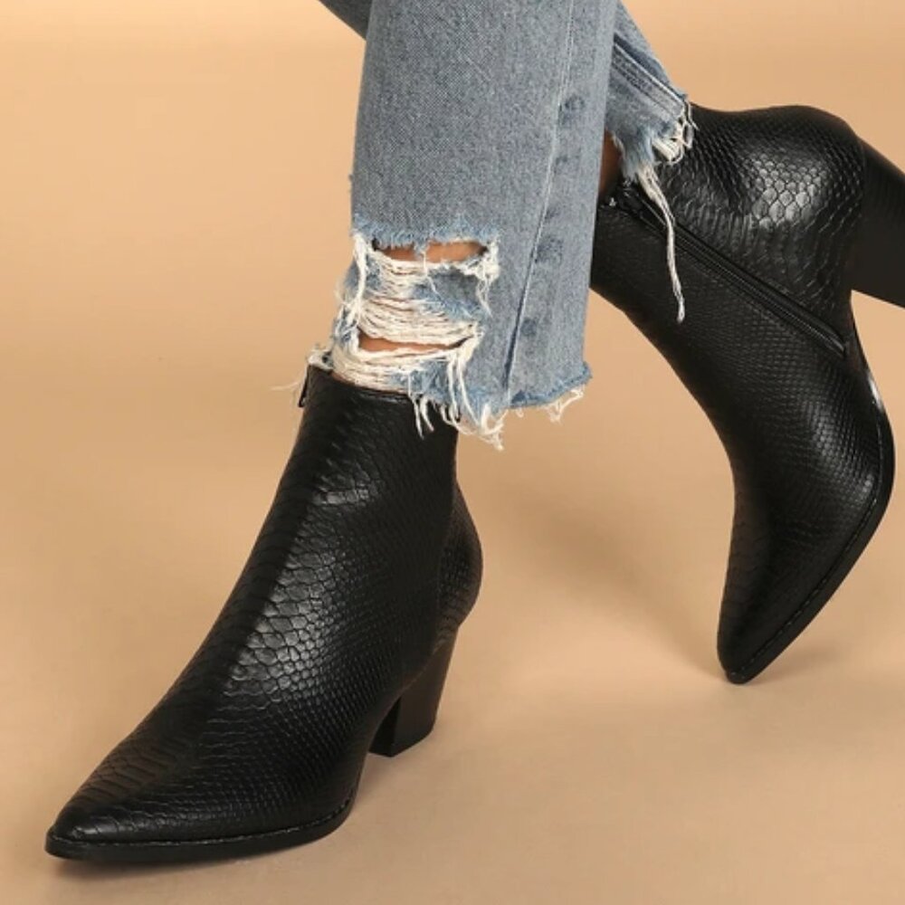 Snake Embossed Print Pointed Toe Ankle Booties - image 2